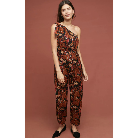Anthropologie Pants - Maeve Anthropologie Kyoto One Shoulder Metallic Floral Jumpsuit Size 2 Black